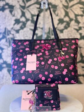 Juicy Couture BUNDLE Pink Cherry Print Tote Bag with Matching Wallet